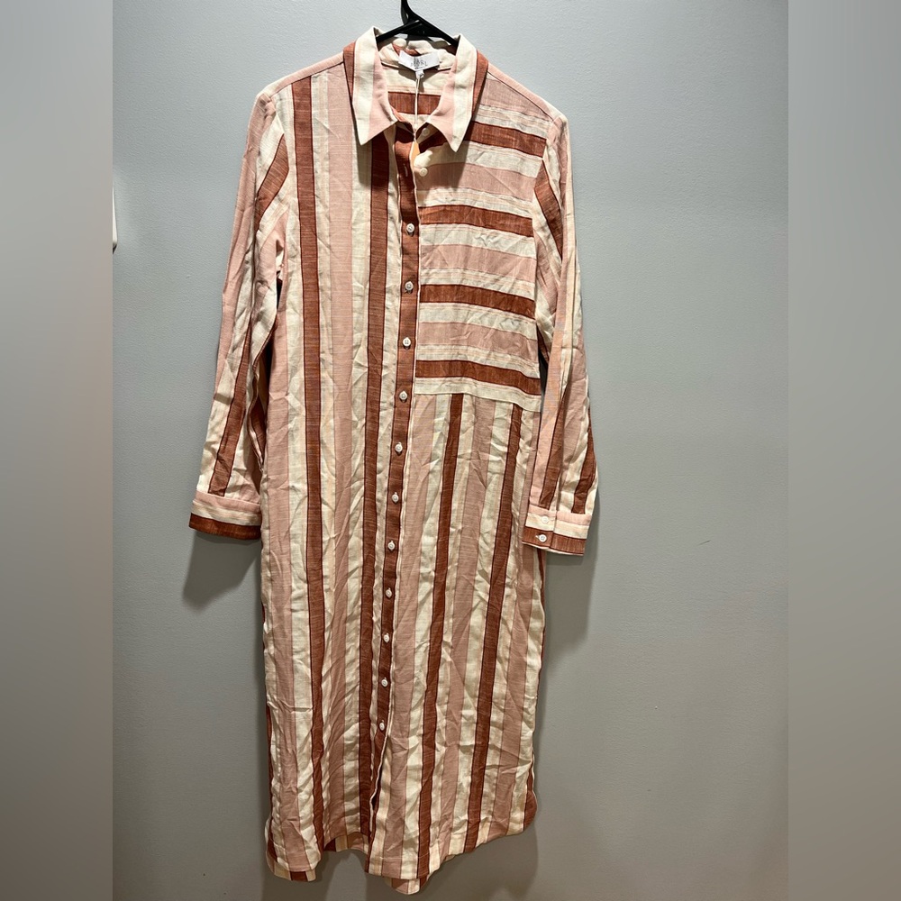 NWT Pearl by Lela Rose Striped Midi Shirtdress Blush‎ Multi Cotton Linen Blend,M